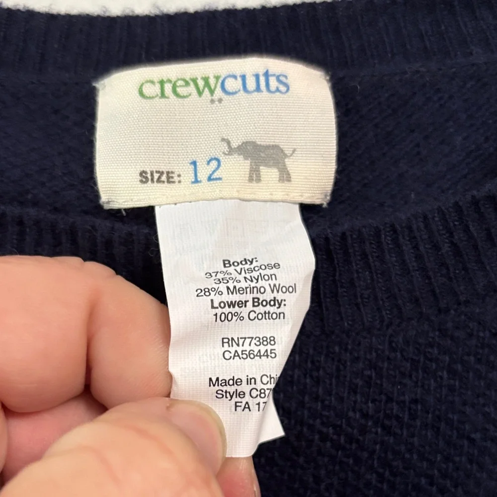 Crewcuts Navy Sweater with Checkered Hem girls sz 12 merino wool blend